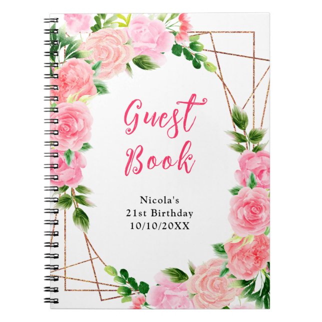 Pink Roses with Foliage Birthday Guest Book Anteckningsbok (Framsidan)