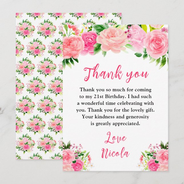 Pink Roses with Foliage Birthday Tack Kort (Fram/baksida)