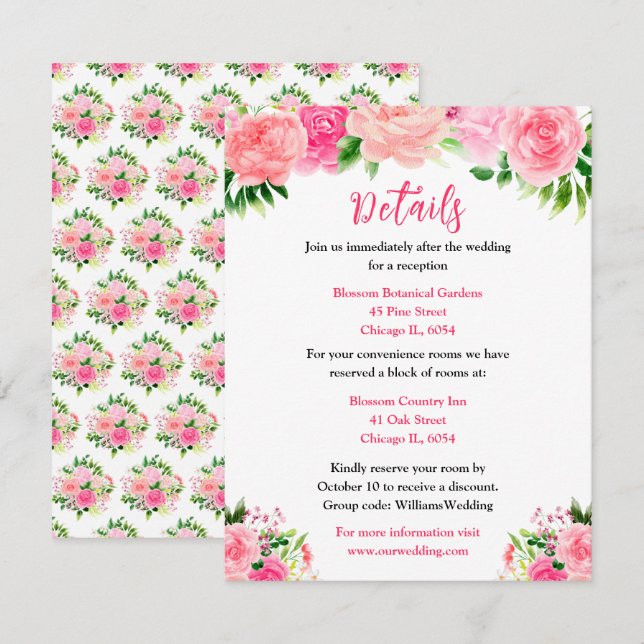 Pink Roses with Foliage Wedding Details Tilläggskort (Fram/baksida)