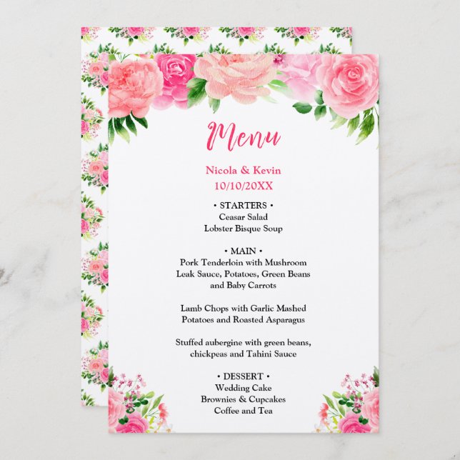 Pink Roses with Foliage Wedding Menu Meny (Fram/baksida)
