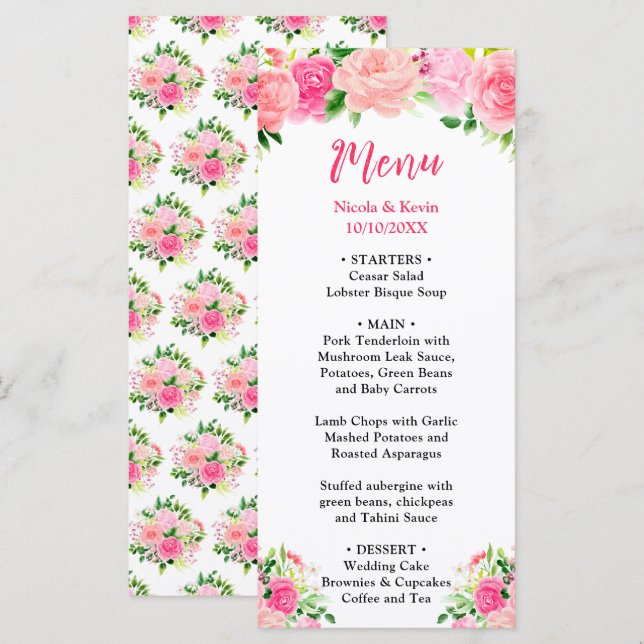 Pink Roses with Foliage Wedding Menu Meny (Fram/baksida)