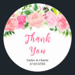 Pink Roses with Foliage Wedding Thank You Runt Klistermärke<br><div class="desc">This fun and whimsical wedding thank you sticker features watercolor pink roses and foliage. The text combines handwritten script and serif fonts for a stylish and modern look. This is perfect for a spring or summer rustic wedding.</div>
