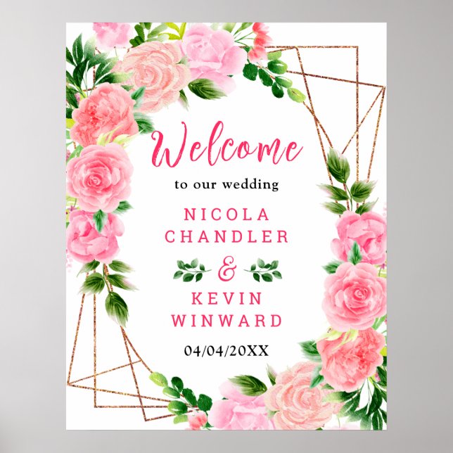 Pink Roses with Foliage Wedding Welcome Sign Poster (Framsidan)