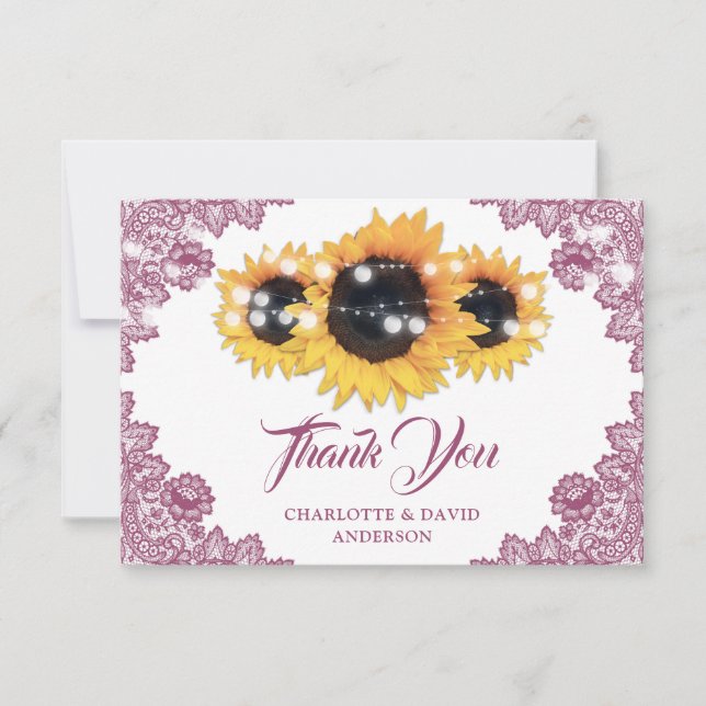 Pink Rustic Floral Lace Sunflower Wedding Tack Kort (Framsida)