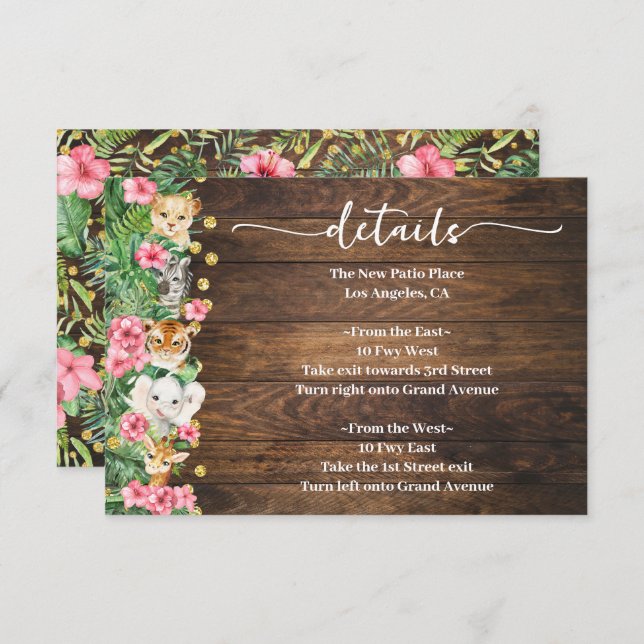 Pink Rustic Wild Safari Animals Baby Shower Detail Tilläggskort (Fram/baksida)