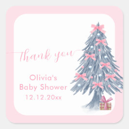 Pink rustic Winter Bow Christmas Tree Baby Shower Fyrkantigt Klistermärke