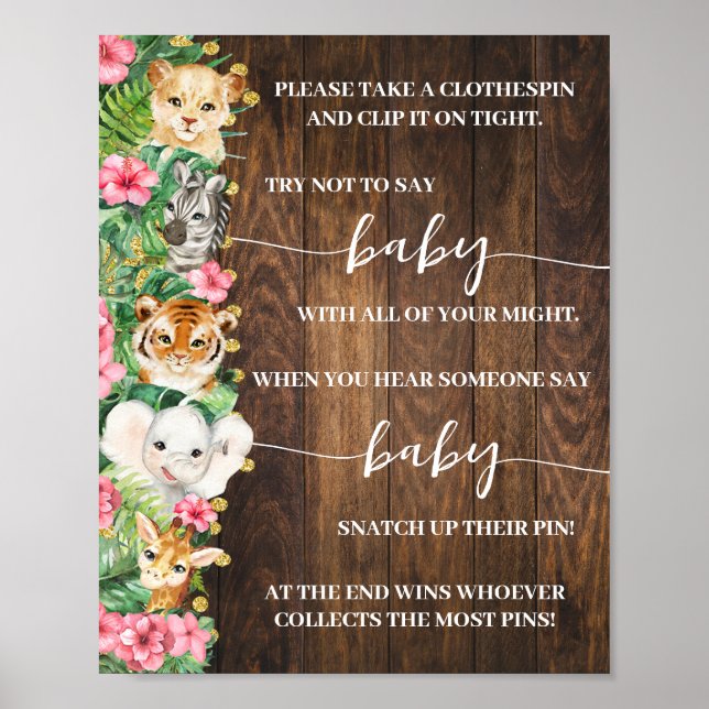 Pink Safari Don't Say Baby Clothespin Shower Game Poster (Framsidan)