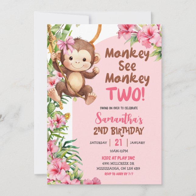 Pink Safari Monkey See Monkey Two 2nd Birthday Inbjudningar (Framsida)