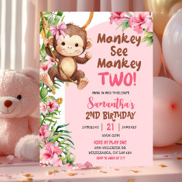 Pink Safari Monkey See Monkey Two 2nd Birthday Inbjudningar