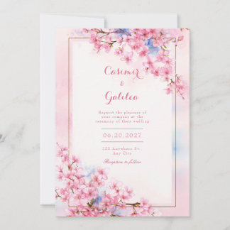 Pink Sakura Blue Watercolor Bronze Frame Wedding Inbjudningar
