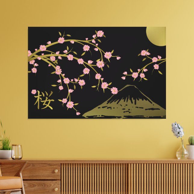 Pink Sakura Gold Black Japanese Screen Poster Canvastryck (Insitu (Vardagsrum))