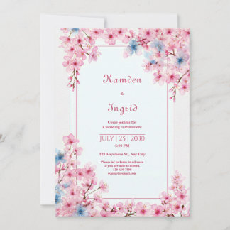 Pink Sakura Periwinkle Blue Romantic Frame Wedding Inbjudningar