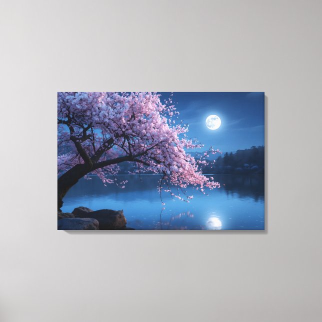 Pink Sakura Tree & Full Moon Night Canvas Print (Framsida)