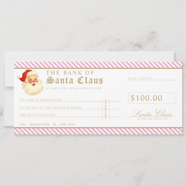 Pink Santa Cheque Gift Voucher Card Inbjudningar (Framsida)
