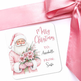 Pink Santa Christmas Gift Tag Sticker Fyrkantigt Klistermärke