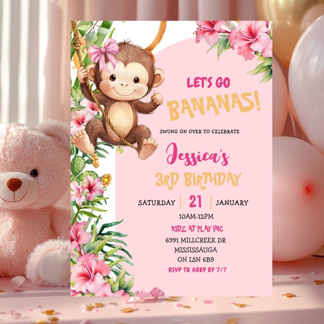Pink Savannah Monkey Let's Go Bananas Birthday Inbjudningar (Skapare uppladdad)