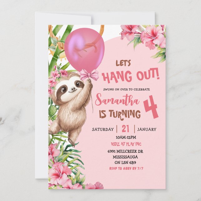 Pink Savannah Sloth Let's Hang Out Birthday Inbjudningar (Framsida)