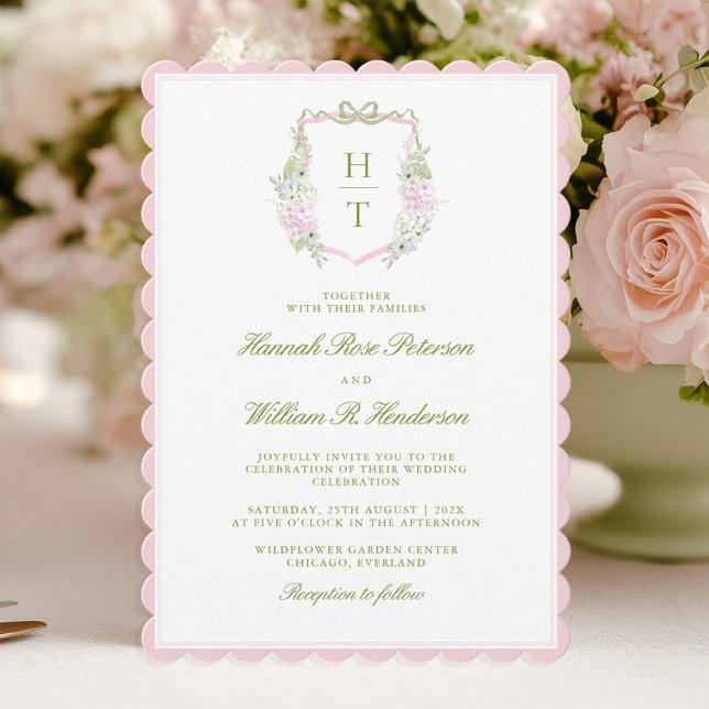 Pink Scalloped Hydrangea Crest Wedding Invitation Inbjudningar (Skapare uppladdad)