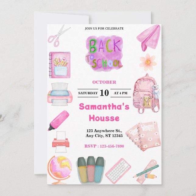 Pink School tools girl Birthday Inbjudningar (Framsida)