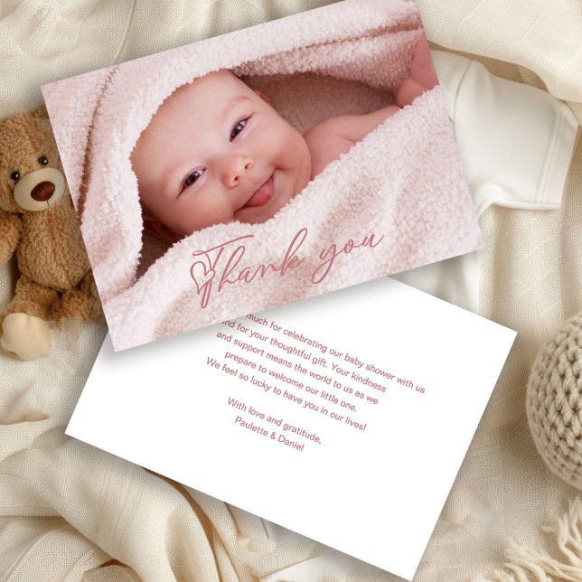 Pink Script Baby Photo Thank You Card Tack Kort (Skapare uppladdad)