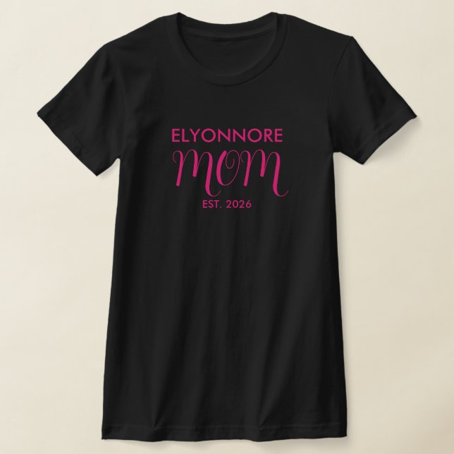 Pink Script Established Mom White Custom Name T Shirt (Laydown)