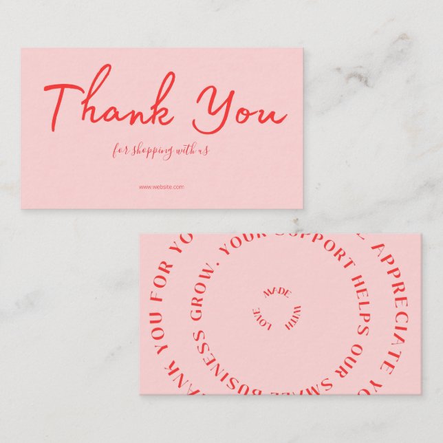 Pink Script Thank You Card Made With Love Business Visitkort (Fram/baksida)