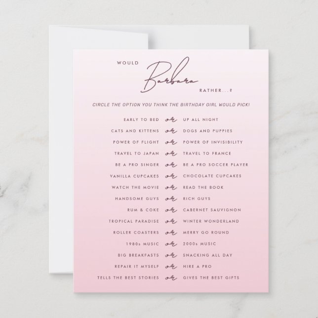 Pink Script Would She Rather Party Game Card (Framsida)