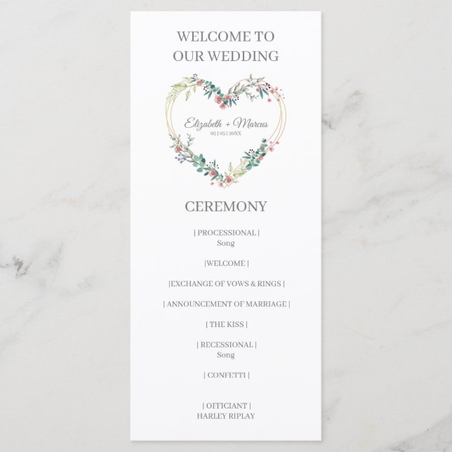 Pink Shades Heart on Wildflowers for Wedding Program (Framsida)