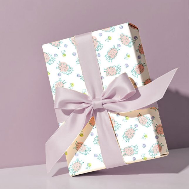 Pink Sheep with Flowers & Berries - Cute Pattern Presentpapper (Skapare uppladdad)