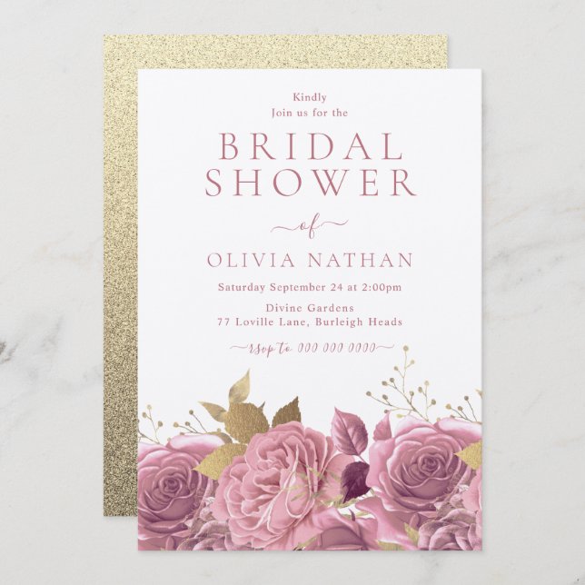Pink Shimmer Roses Floral Bridal Shower Inbjudningar (Fram/baksida)