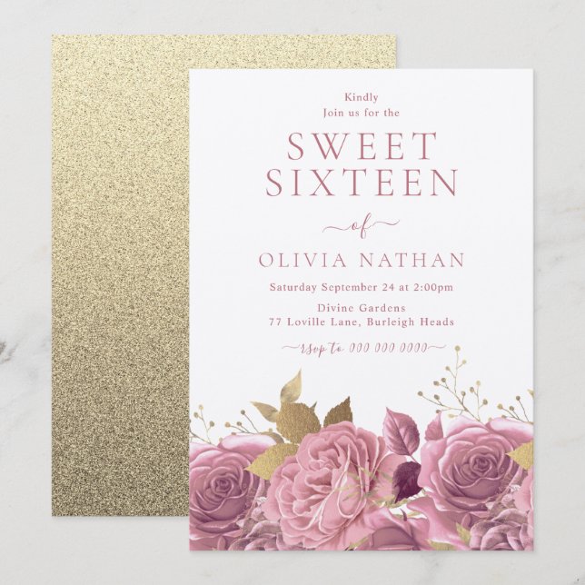 Pink Shimmer Roses Floral Sweet 16 Party Inbjudningar (Fram/baksida)