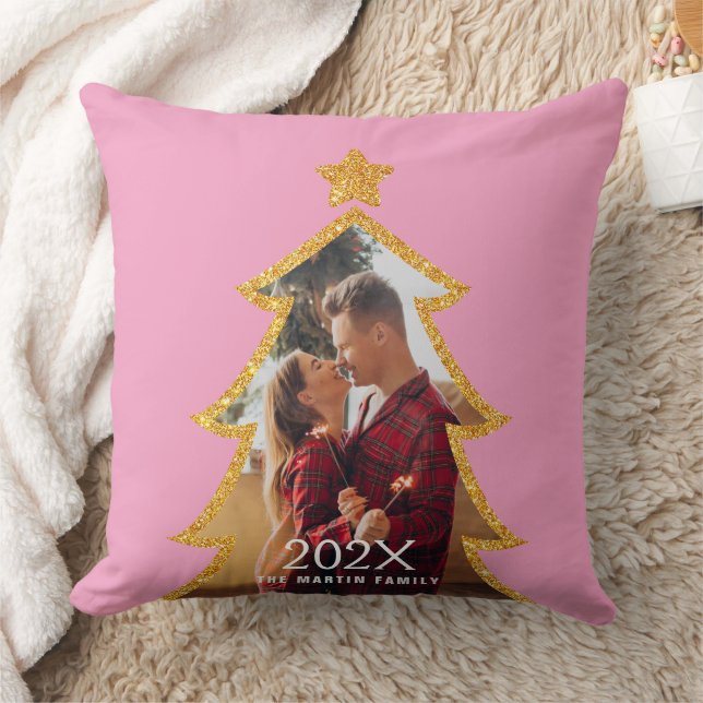 Pink Shiny Christmas Tree Personalized Photo Kudde (Filt)