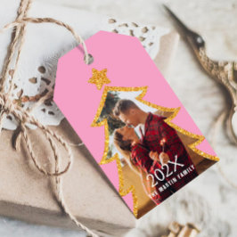 Pink Shiny Christmas Tree Personalized Photo Presentetikett
