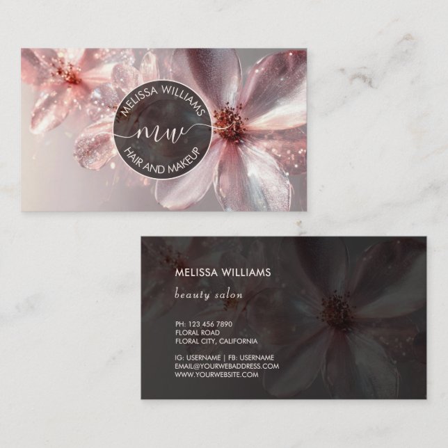 Pink Shiny Floral Logo Initials Business Card Visitkort (Fram/baksida)