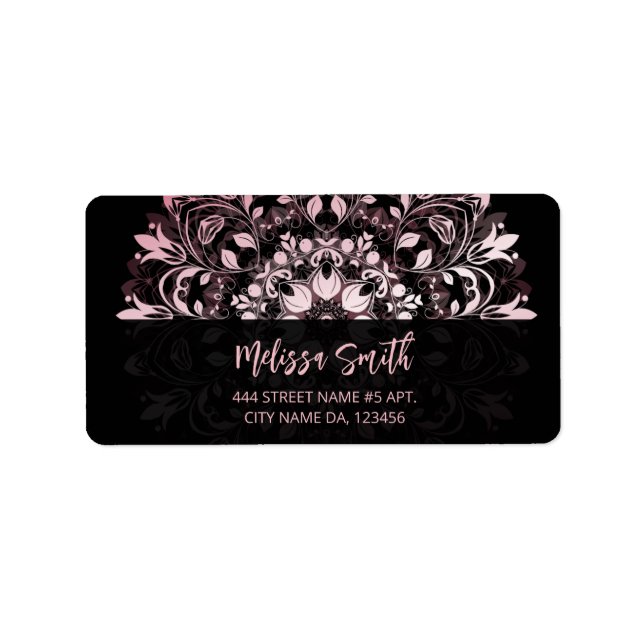 Pink Shiny Metallic Black Mandala Adressetikett (Framsidan)