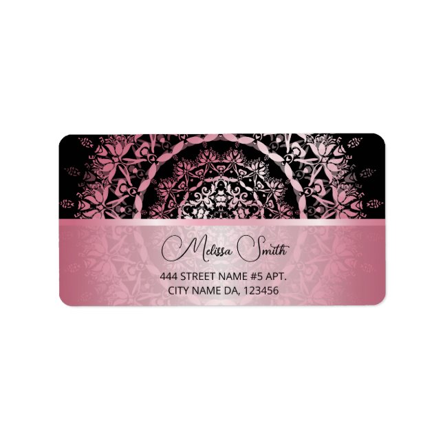 Pink Shiny Metallic Black Mandala Adressetikett (Framsidan)