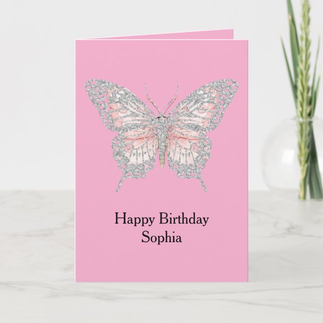 Pink Silver Butterfly Birthday Kort (Framsida)