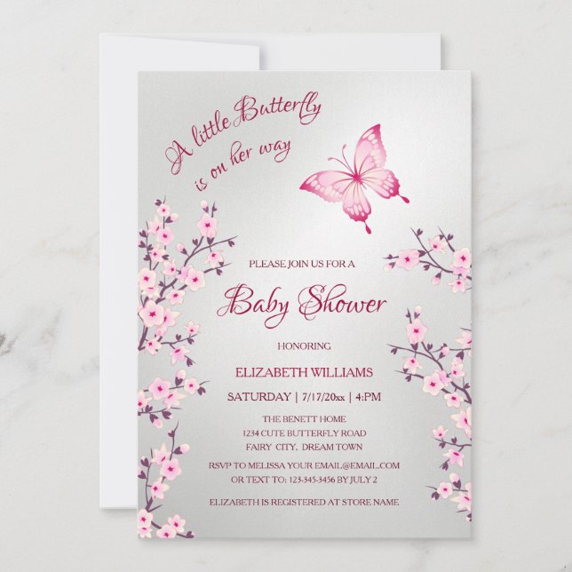 Pink Silver Butterfly | Girl Baby Shower  Inbjudningar (Framsida)