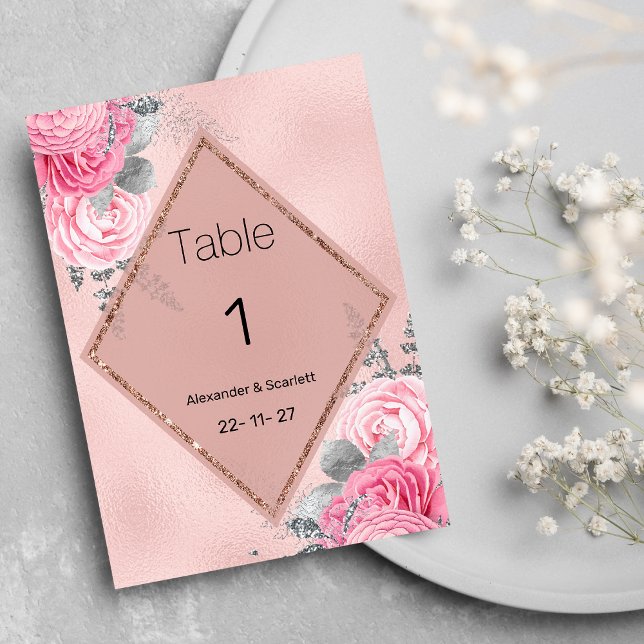 Pink silver glitter peony floral Table Numbers Inbjudningar (Pink silver glitter peony floral Table Numbers )