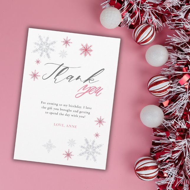 Pink Silver Glitter Snowflakes 1st Birthday Party  Tack Kort (Skapare uppladdad)