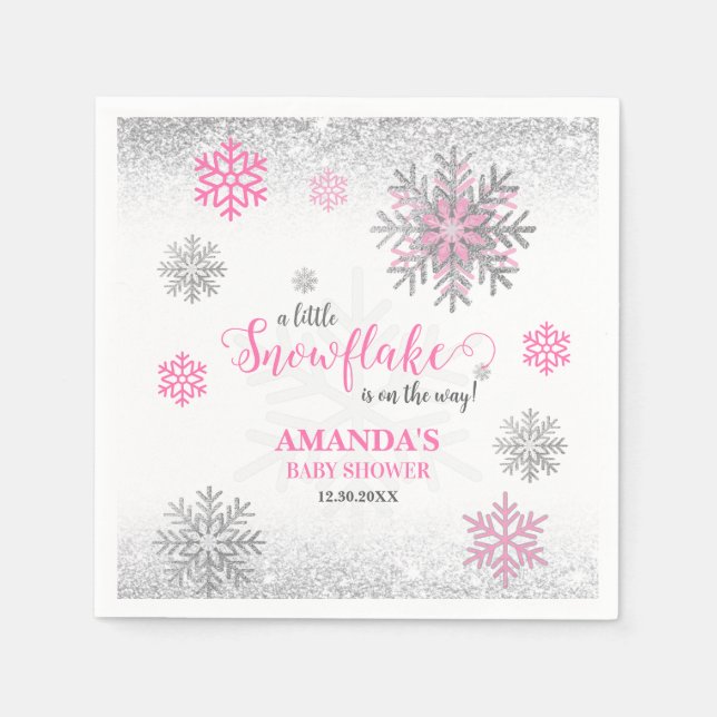 Pink Silver Glittery Snow Flake Winter Baby Shower Pappersservett (Framsidan)