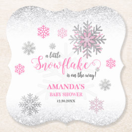 Pink Silver Glittery Snowflake Winter Baby Shower  Underlägg Papper