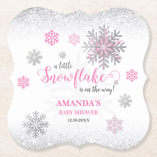 Pink Silver Glittery Snowflake Winter Baby Shower  Underlägg Papper (Framsida)