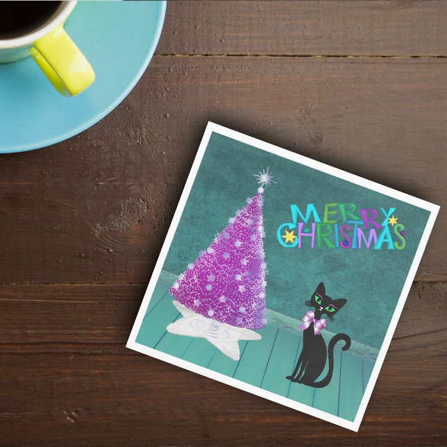 Pink Silver Mid Century Chistmas Tree Cat Teal Pappersservett (Pink Silver Tree black cat with bow Teal room on Merry Christmas paper napkins.)