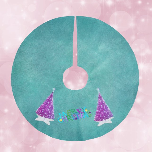 Pink Silver Shiny Trees Merry Christmas Colourful Julgransmatta Borstad Polyester (Colourful Merry Christmas text pink and silver shiny trees white stars on teal Christmas tree skirt.)