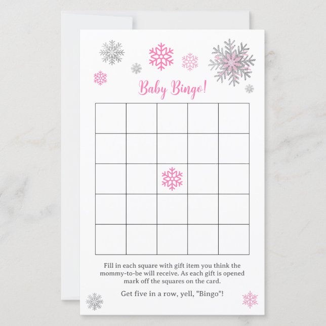 Pink Silver Snowflake Baby Shower Bingo Game  (Framsida)
