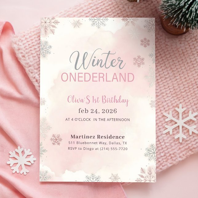 Pink Silver Snowflake Winter Girl First Birthday Inbjudningar (Skapare uppladdad)