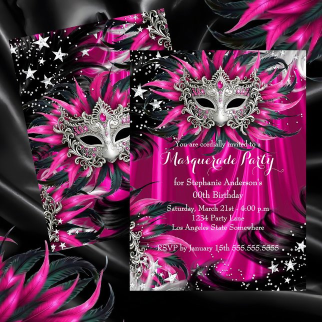 Pink Silver Sparkle Magical Night Masquerade Party Inbjudningar (Skapare uppladdad)