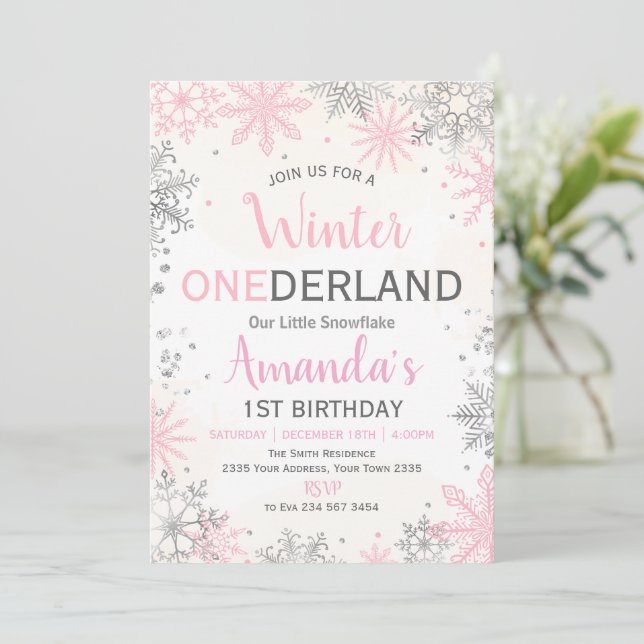 Pink Silver Winter ONEderland Birthday Invitation Inbjudningar (Stående Fram)