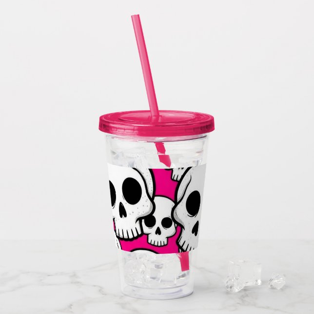 Pink Skull Pattern Acrylic Tumbler Take Away Mugg (Framsida Ice)